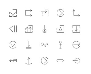 20 linear icons related to Left arrow, Backward, Right Sort, Dra