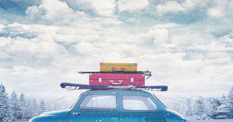 Car with luggage on the roof ready for winter vacation 3D Rendering