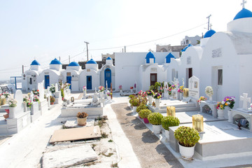 Santorini, Greece - October 22, 2018: Cemetery on Santorini. Orthodox cemetery in Santorini island, Greece.