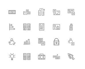 20 linear icons related to Rocket, Money, Briefcase, File, Idea,