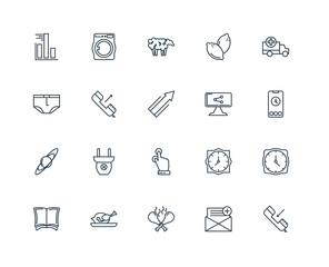 Fototapeta premium Set Of 20 outline icons such as Phone call, Mail, Chicken, Book,