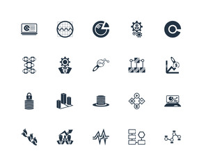 Set Of 20 outline icons such as Profit Analysis, Data wave, Stoc