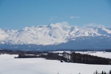 Fototapeta na wymiar 冬の火山の山頂と青空　十勝岳