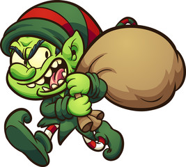 Evil cartoon Christmas elf, stealing presents. Vector clip art illustration with simple gradients. All in a single layer.