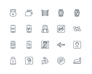 Set Of 20 outline icons such as Treadmill, Pills, Muscle, Beat,