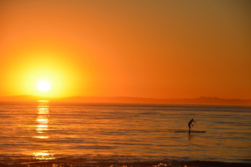 Paddle-boarder on ocean at sunset