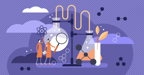Science vector illustration. Flat medical pharmacy example with scientists.