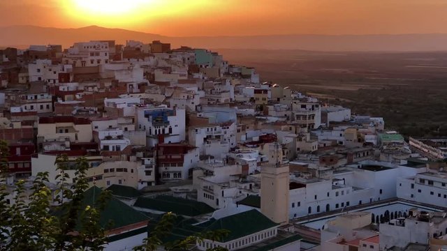 Beautiful sunset at the ancient village of Moulay Idriss near to Volubilis in Meknes in Morocco, Africa