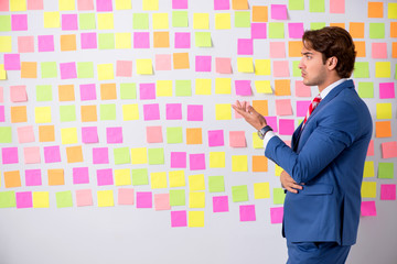 Fototapeta premium Young handsome man in conflicting priorities concept