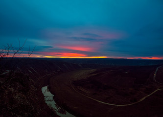 aerial view of evening landscape with river 