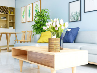 Modern family living room decoration design, living room sofa, coffee table, flower and photo wall, etc.