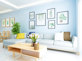 Modern family living room decoration design, living room sofa, coffee table, flower and photo wall, etc.