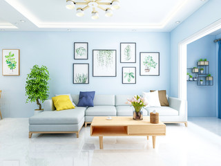 Modern family living room decoration design, living room sofa, coffee table, flower and photo wall, etc.