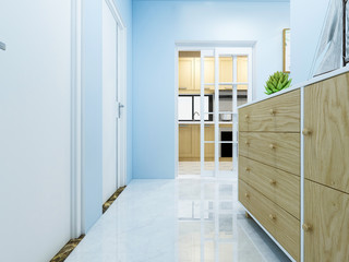 Corridor of modern residential building and wooden cabinet at the corner