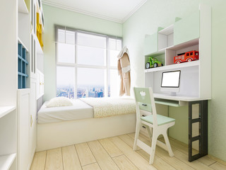 A combination of a modern bedroom and a study with a desk and bookshelf in the bedroom