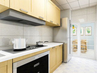 Fototapeta premium Modern residential kitchen design, solid wood custom cabinets and various appliances