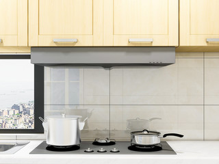 Modern residential kitchen solid wood custom cabinet gas stove, range hood, etc.