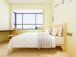 Fototapeta na wymiar Yellow tones bedroom with simple desk