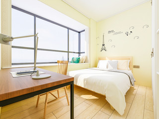 Obraz na płótnie Canvas Yellow tones bedroom with simple desk
