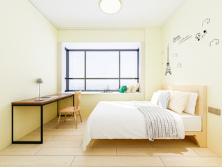 Yellow tones bedroom with simple desk