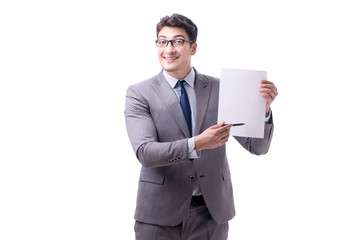 Businessman with blank message isolated on white