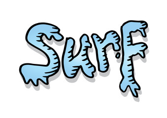 Hand lettering of Surf Surfing travel and vacation calligraphy inscription.