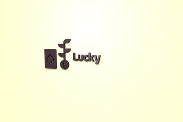 Illustration of Lucky with brown text on yellow background