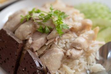 Thai food gourmet Hainanese chicken rice (Rice steamed with chicken soup). Clouse up.