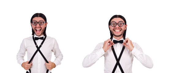 Man wearing suspenders isioated on white