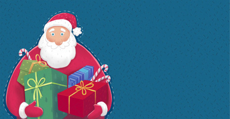 Santa Clause colorful illustration on blue background with gift 