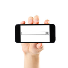 Search bar on the phone screen. Hand holding black phone with blank white screen. Close up. Isolated on white background