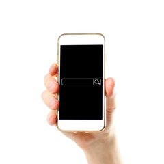 Search bar on the phone screen. Hand holding white phone with blank black screen. Close up. Isolated on white background