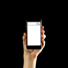Search bar on the phone screen. Hand holding black smartphone with blank white screen. Close up. Isolated on black background