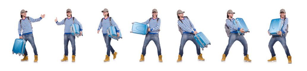 A tourist with bags isolated on white