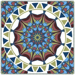 Decorative colorful floral ornament with decorative border. Ethnic mandala decoration. For fashion print, bandanna, tablecloth, neck scarf