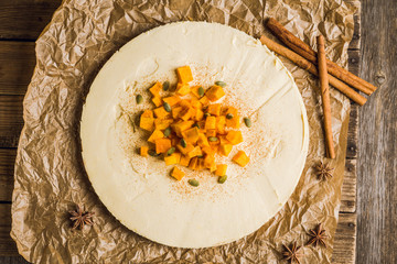 Fresh cheesecake on the rustic background. Selective focus. Shallow depth of field. 