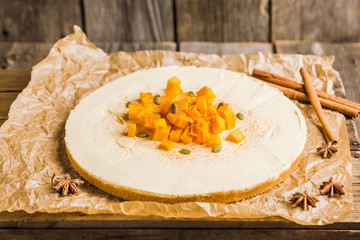 Fresh cheesecake on the rustic background. Selective focus. Shallow depth of field. 