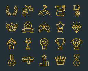 set of award line icons, such as star, champion, prize, acheivement, winner, trophy, glory, certificate