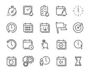 set of time relation vector line icon, such as calendar, reminder, day, year 2019, event
