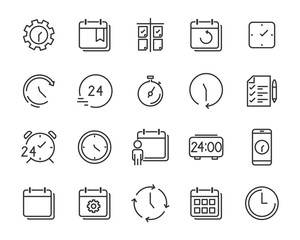 set of time relation vector line icon, such as calendar, reminder, day, year 2019, event