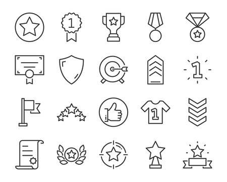 set of award line icons, such as star, champion, prize, acheivement, winner, trophy, glory, certificate