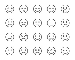 set of emoji vector line icons, such as happy, sleepy, mood, sad, angry, bore, feel