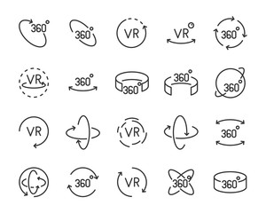 set of vr line icons ,such as 360 degree, virtual, reality, game