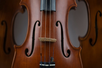 In selective focus of wooden violin,show texture of wood and detail of violin