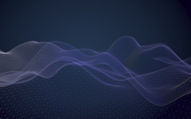 Abstract landscape on a dark background. Cyberspace navy blue grid. Hi-tech network. 3D illustration