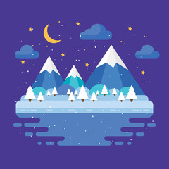 Paysage tendance d& 39 hiver au design plat, arbres, lune et étoiles, montagnes. Illustration vectorielle de nuit.
