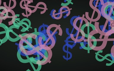 Fototapeta premium Multicolored translucent dollar signs on dark background. Green tones. 3D illustration