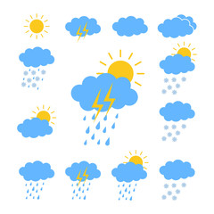Weather icon set, for web site or mobile apps, on the white background. Flat design. Vector.