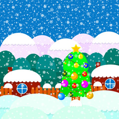Illustration for christmas. Christmas tree, gifts, snowflakes. All elements are located on different layers and can be easily manipulated.