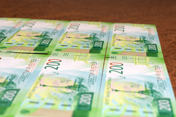 New design of Russian banknote, 200 rubles. Paper currency of Russia. Crimea, Chersonesus Macro view